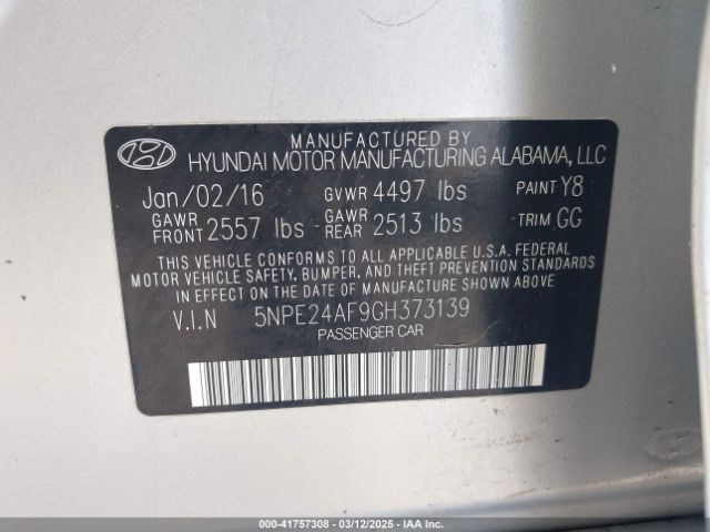 5NPE24AF9GH373139 Hyundai SONATA SE