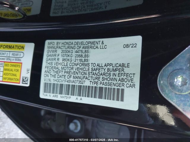 2022 HONDA ACCORD 1HGCV1F45NA073527 Photo 8