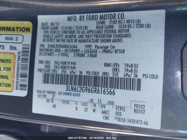 3LN6L2G96GR616566 Lincoln MKZ