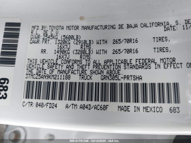 3TMCZ5AN9KM211188 Toyota Tacoma Trd Sport