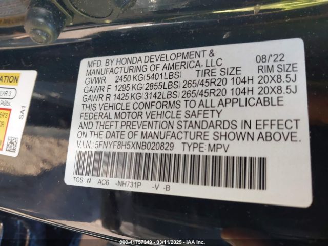5FNYF8H5XNB020829 Honda Passport Awd Ex-l