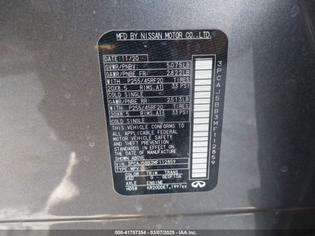 3PCAJ5BB3MF112859 Infiniti Qx50 Luxe Awd