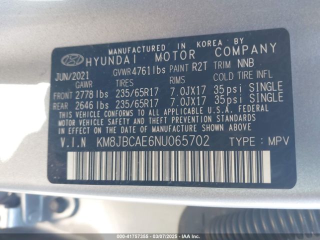 KM8JBCAE6NU065702 Hyundai TUCSON SEL