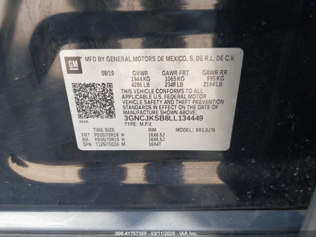 3GNCJKSB8LL134449 Chevrolet Trax Fwd Ls
