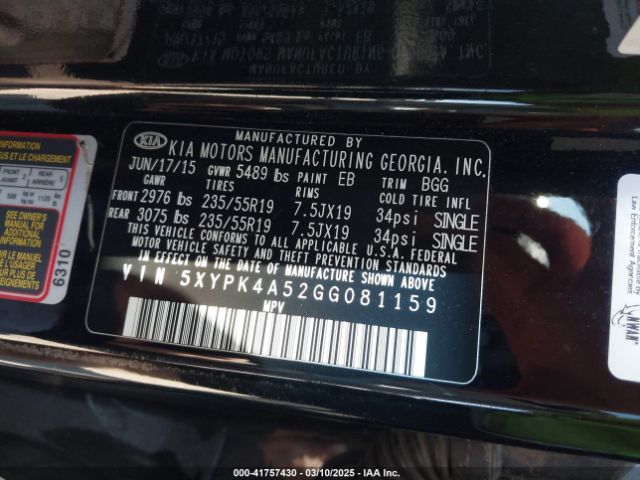 5XYPK4A52GG081159 KIA Sorento 3.3l Sx