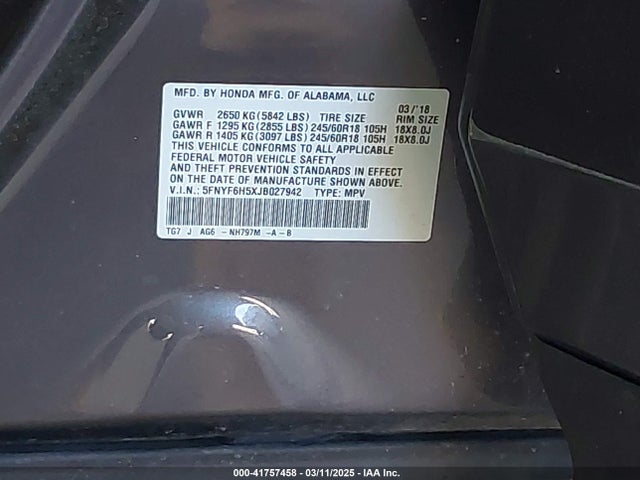 5FNYF6H5XJB027942 Honda Pilot Ex-l