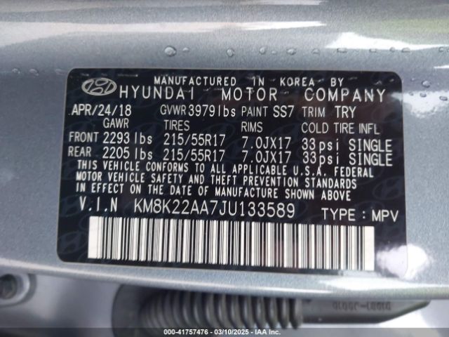 KM8K22AA7JU133589 Hyundai mpi nu
