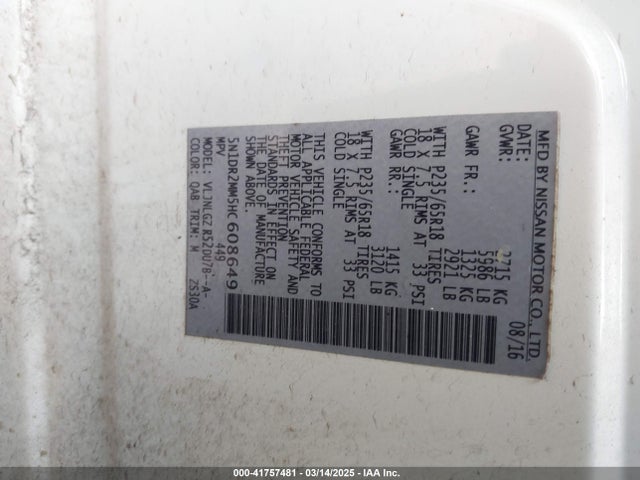 Nissan Pathfinder Sl 2017 5N1DR2MM5HC608649 Image 9
