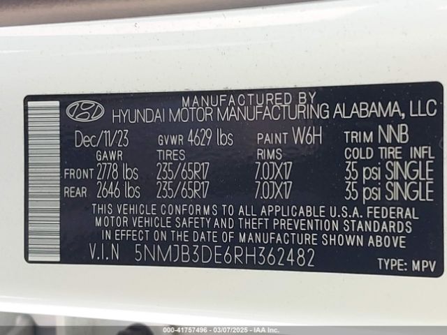5NMJB3DE6RH362482 Hyundai TUCSON SEL