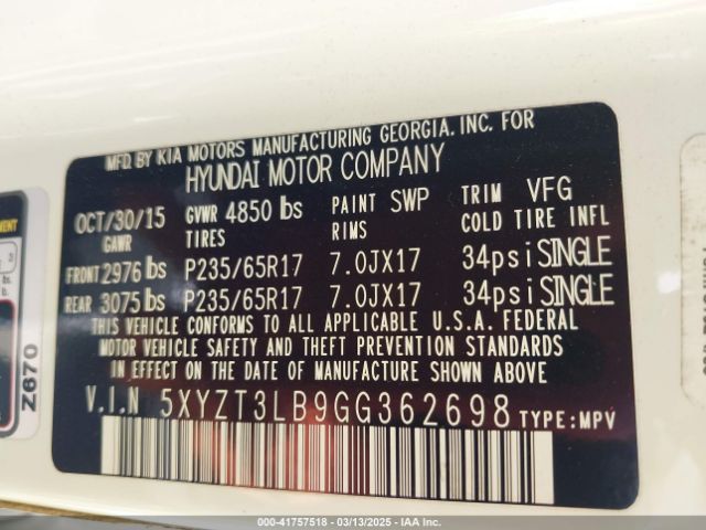 5XYZT3LB9GG362698 Hyundai Santa Fe Sport 2.4l