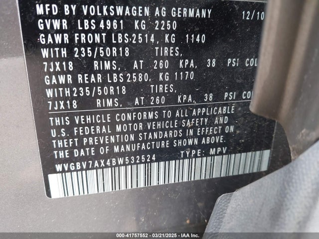 2011 Volkswagen Tiguan Se მანქანა იყიდება აუქციონზე, vin: WVGBV7AX4BW532524, აუქციონის ნომერი: 41757552