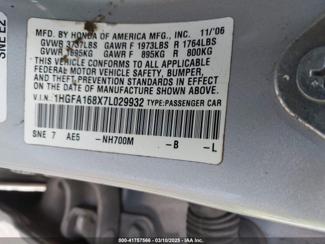 Продажа на аукционе авто 2007 Honda Civic Ex, vin: 1HGFA168X7L029932, номер лота: 41757566