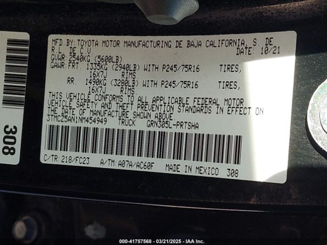 3TMCZ5AN1NM454949 Toyota Tacoma Sr5 V6