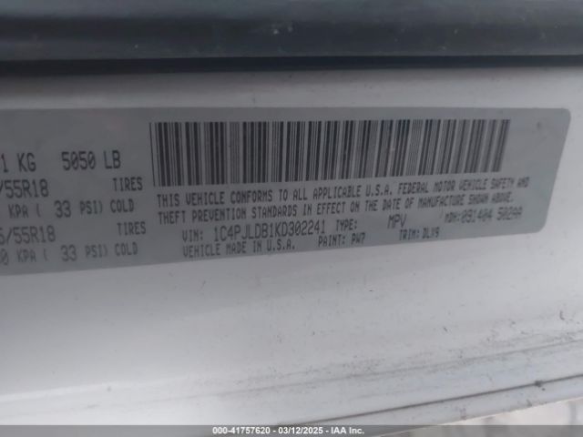 1C4PJLDB1KD302241 Jeep Cherokee Limited Fwd