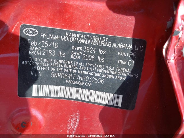5NPD84LF7HH032556 Hyundai Elantra Limited