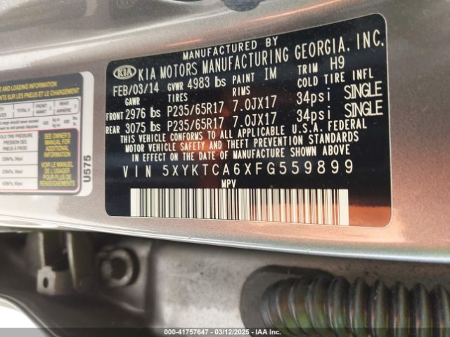 5XYKTCA6XFG559899 KIA SORENTO LX