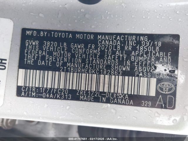 2T1BURHE6KC182863 Toyota COROLLA SE