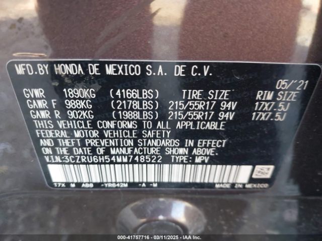 3CZRU6H54MM748522 Honda Hr-v Awd Ex