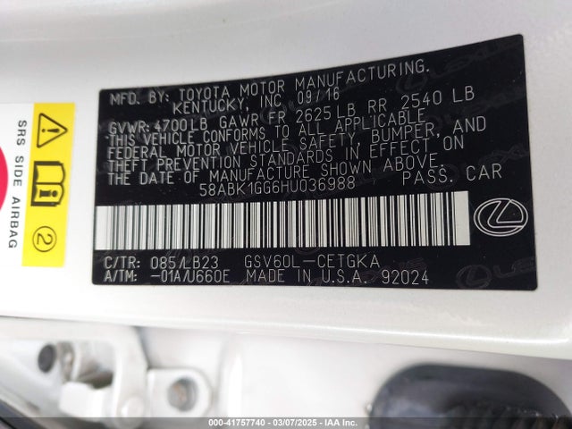 58ABK1GG6HU036988 Lexus ES 350