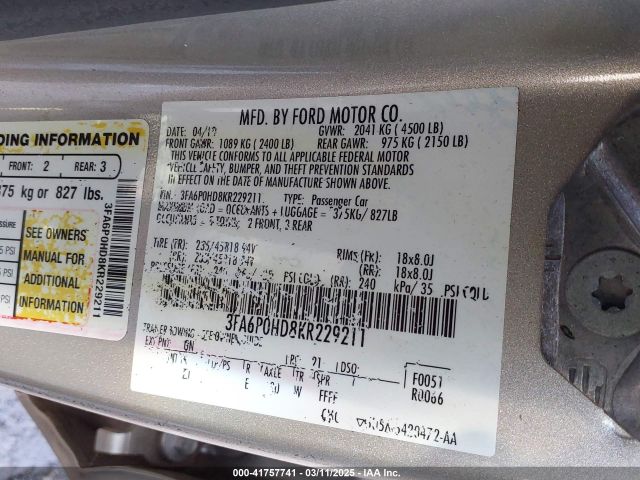 2019 FORD FUSION 3FA6P0HD8KR229211 Photo 8