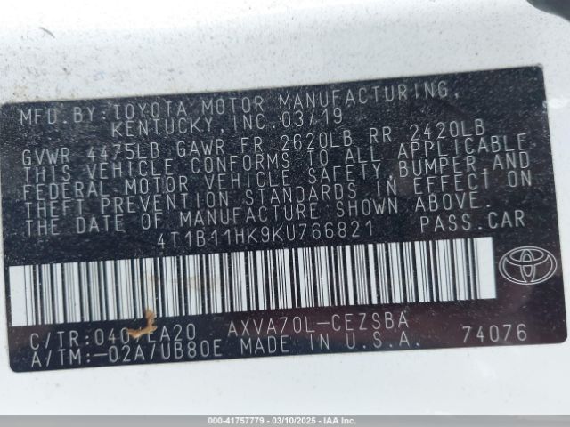 4T1B11HK9KU766821 Toyota CAMRY SE
