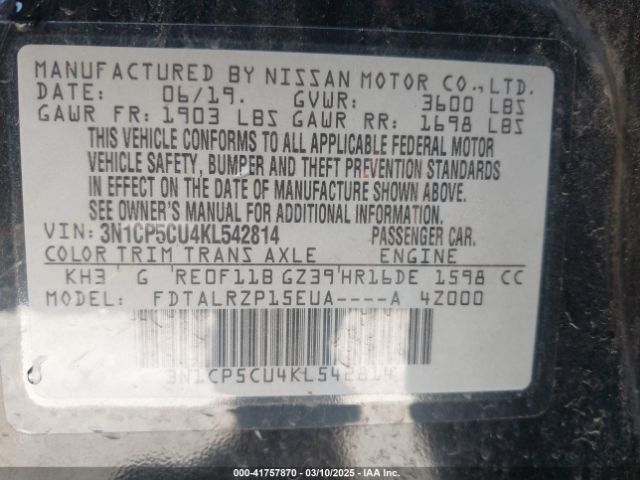 3N1CP5CU4KL542814 Nissan KICKS S