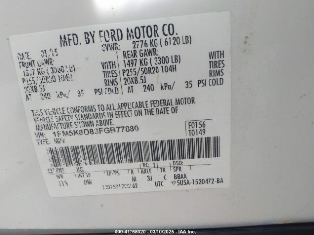 1FM5K8D83FGB77880 Ford EXPLORER XLT