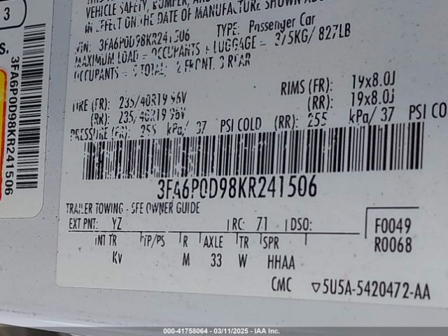3FA6P0D98KR241506 Ford Fusion Titanium