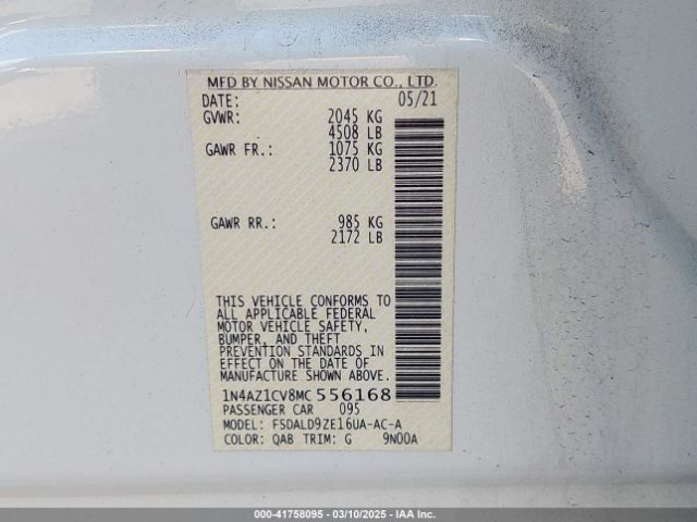1N4AZ1CV8MC556168 Nissan Leaf Sv 40 Kwh