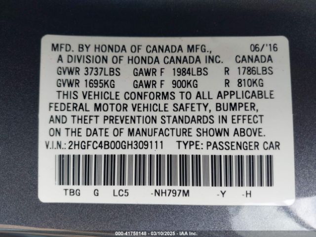 2HGFC4B00GH309111 Honda Civic Lx-p