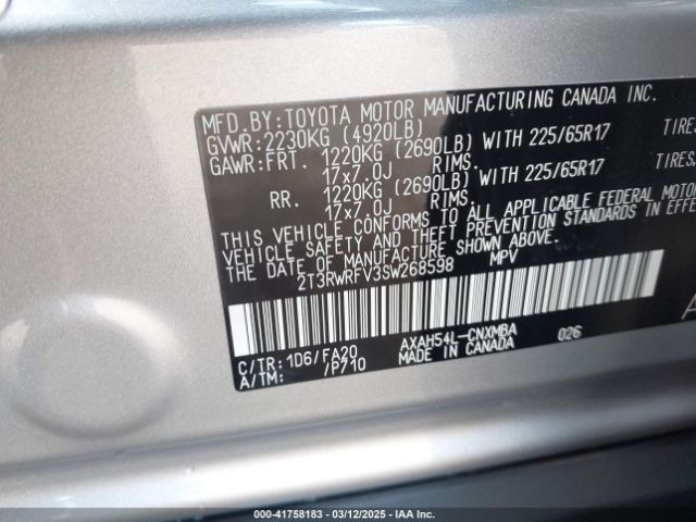 2T3RWRFV3SW268598 Toyota Rav4 Hybrid Xle