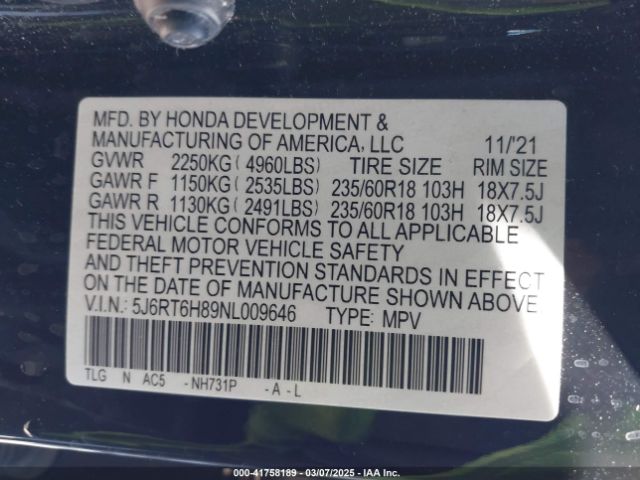 5J6RT6H89NL009646 Honda Cr-v Hybrid Ex-l