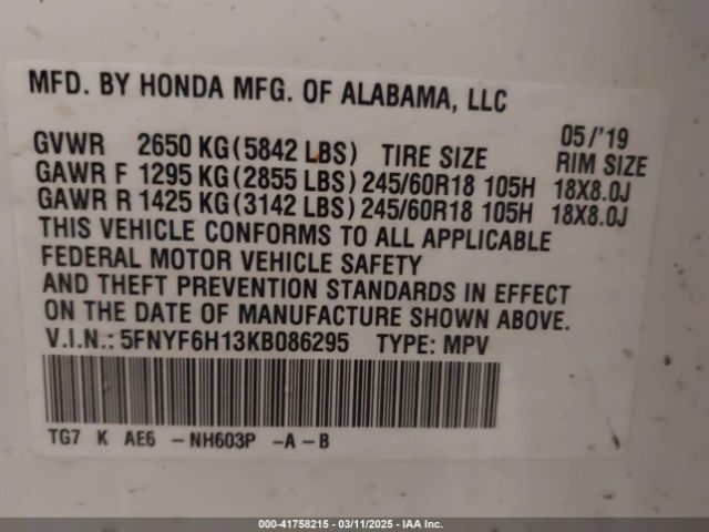 5FNYF6H13KB086295 Honda PILOT LX