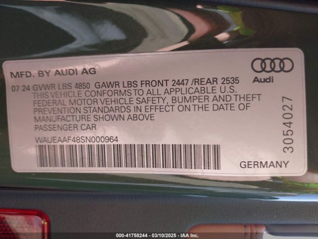 WAUEAAF48SN000964 Audi A4 Premium Plus 45 Tfsi S Line Quattro S Tronic