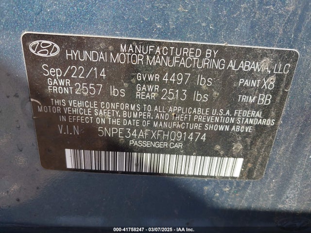 Hyundai Sonata Limited 2015 5NPE34AFXFH091474 Image 9