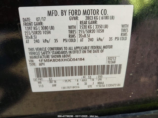 1FM5K8D8XHGD54184 Ford EXPLORER XLT