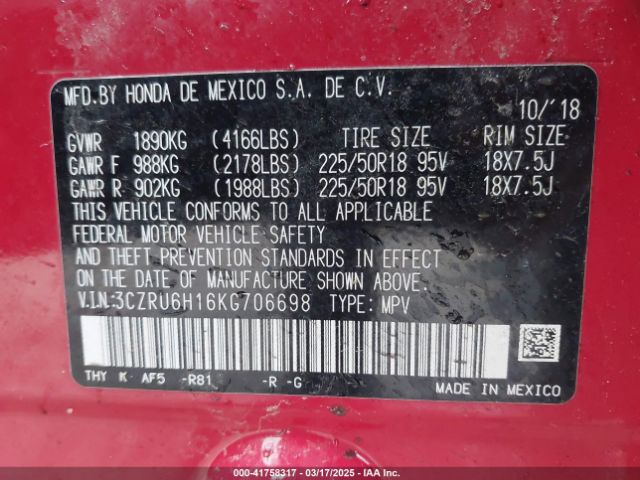 3CZRU6H16KG706698 Honda HR-V SPORT