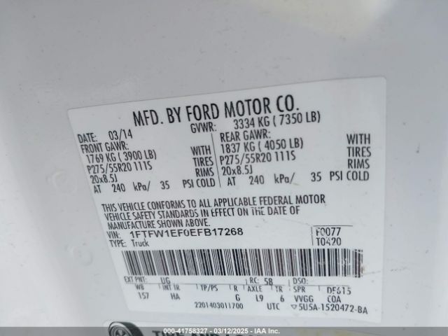 1FTFW1EF0EFB17268 Ford F-150 Lariat