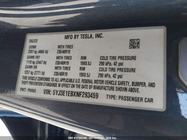 2022 TESLA MODEL 3 5YJ3E1EBXNF293459 Photo 8