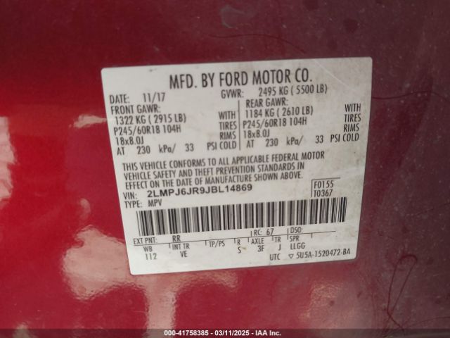 2LMPJ6JR9JBL14869 Lincoln Mkx Premiere