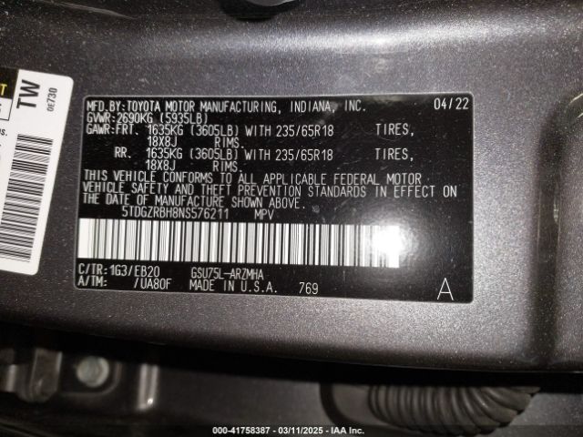 2022 TOYOTA HIGHLANDER 5TDGZRBH8NS576211 Photo 8