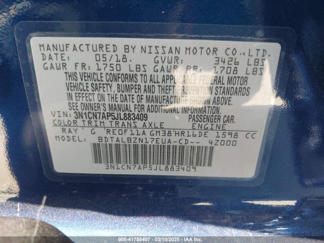 3N1CN7AP5JL883409 Nissan Versa 1.6 Sv