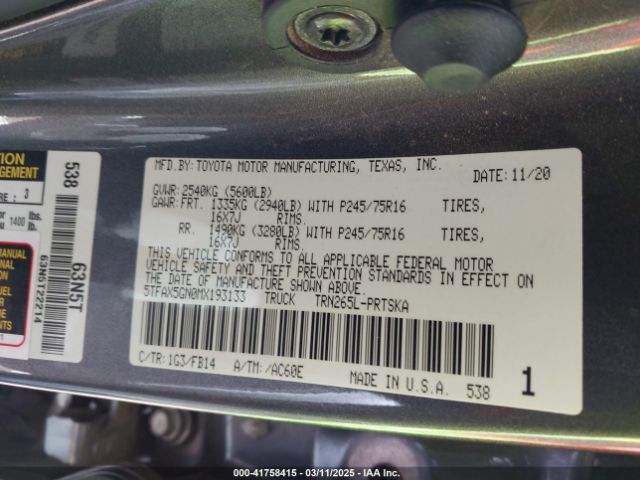 5TFAX5GN0MX193133 Toyota Tacoma Sr