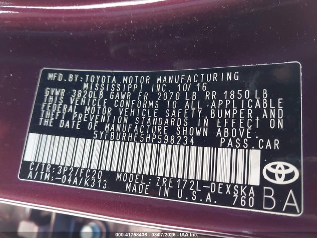 5YFBURHE5HP598234 Toyota Corolla Se Special Edition