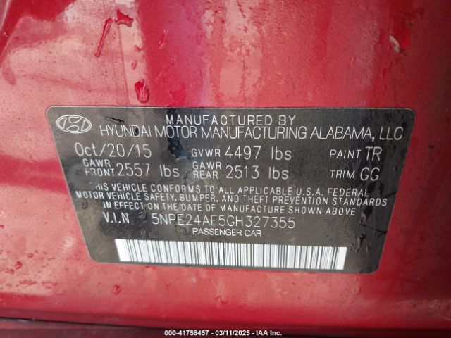 5NPE24AF5GH327355 Hyundai SONATA SE