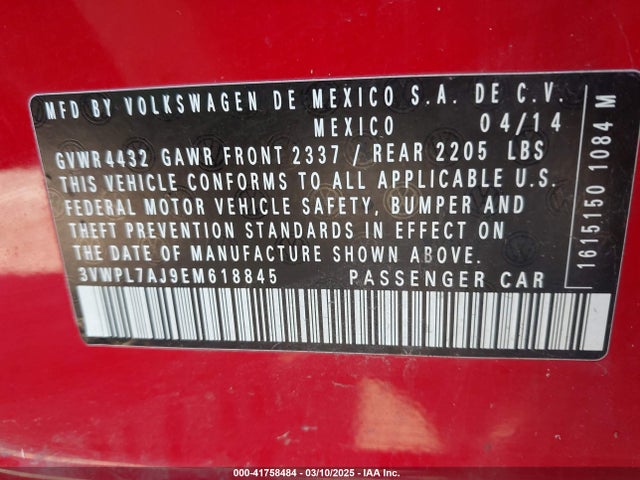 2014 Volkswagen Jetta Sportwagen 2.0l Tdi მანქანა იყიდება აუქციონზე, vin: 3VWPL7AJ9EM618845, აუქციონის ნომერი: 41758484