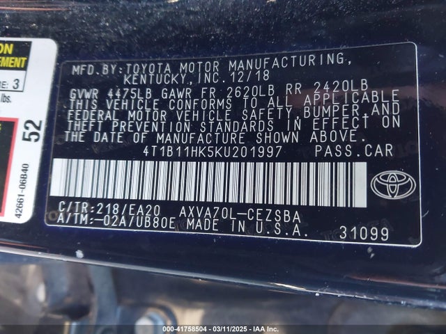 4T1B11HK5KU201997 Toyota CAMRY SE