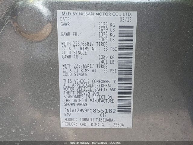 5N1AT2MV9FC855182 Nissan ROGUE SV