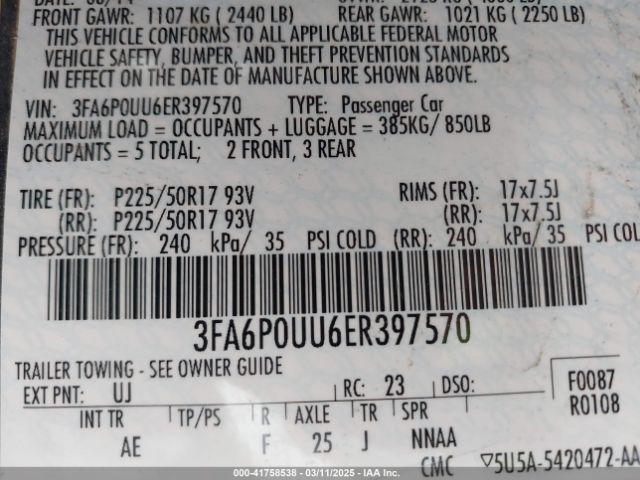 3FA6P0UU6ER397570 Ford Fusion Hybrid S
