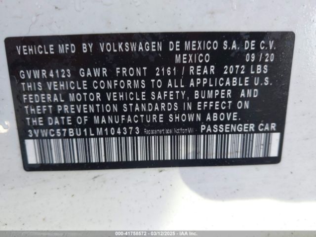 3VWC57BU1LM104373 Volkswagen Jetta 1.4t R-line/1.4t S/1.4t Se